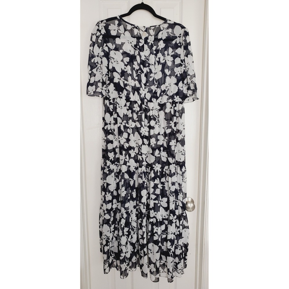 Tommy Hilfiger SHEER Maxi Dress Navy White Floral Chiffon Tiered Short Sleeve 18 - Picture 4 of 7